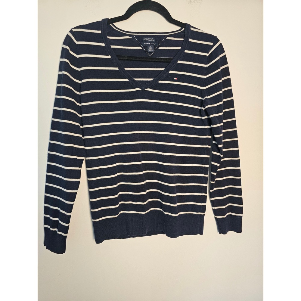 Preppy Tommy Hilfiger Striped V-Neck Sweater Womens M Navy Pima Cotton Blend